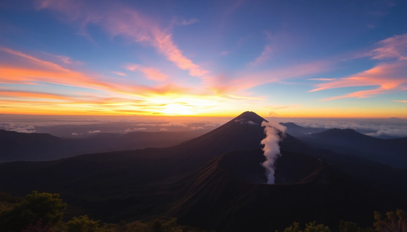 Majestic Mount Rinjani volcano surrounded by lush forests and morning mist, offering a stunning natural landscape shot.
