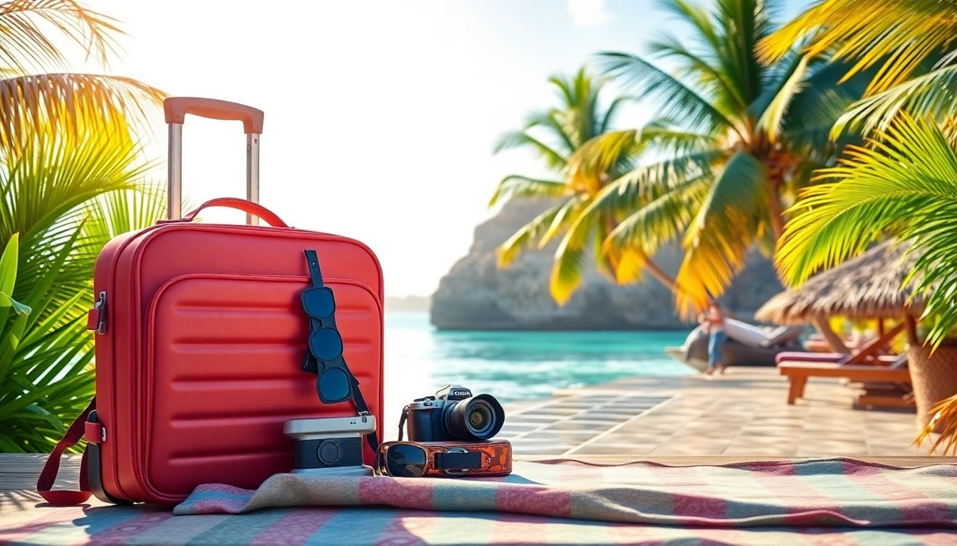 Beautiful tropical travel package with suitcase, sunglasses, and scenery in Bali, Indonesia.