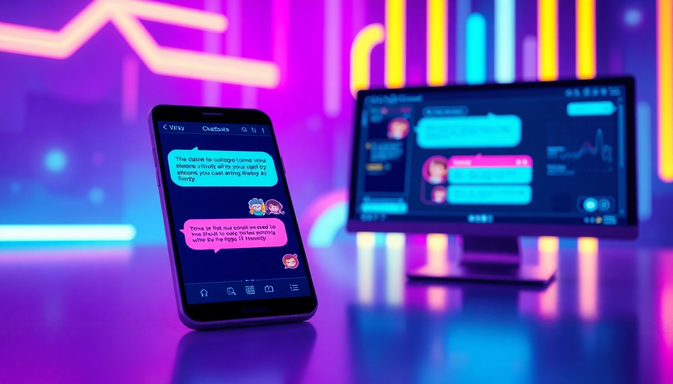 Futuristic AI chatbot interface on devices with neon cyberpunk background