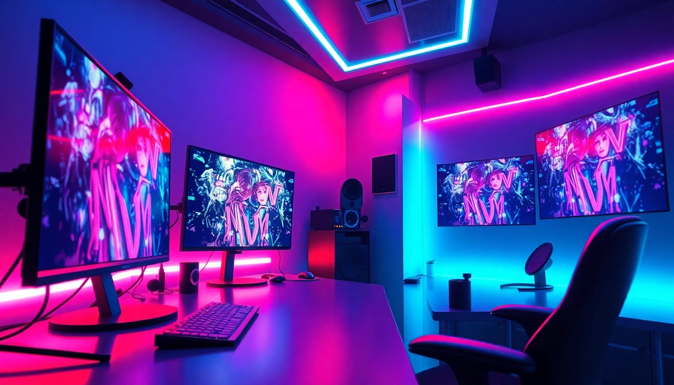 Futuristic digital art studio with vibrant neon lighting and advanced AI-generated visuals on screens.