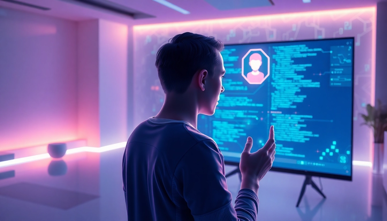 An advanced AI chatbot interface on a screen with a holographic character avatar in a modern, softly lit room with blue and purple tones.