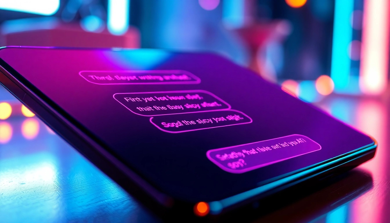 Close-up of a digital chat interface with spicy messages on a sleek screen, glowing with neon colors.