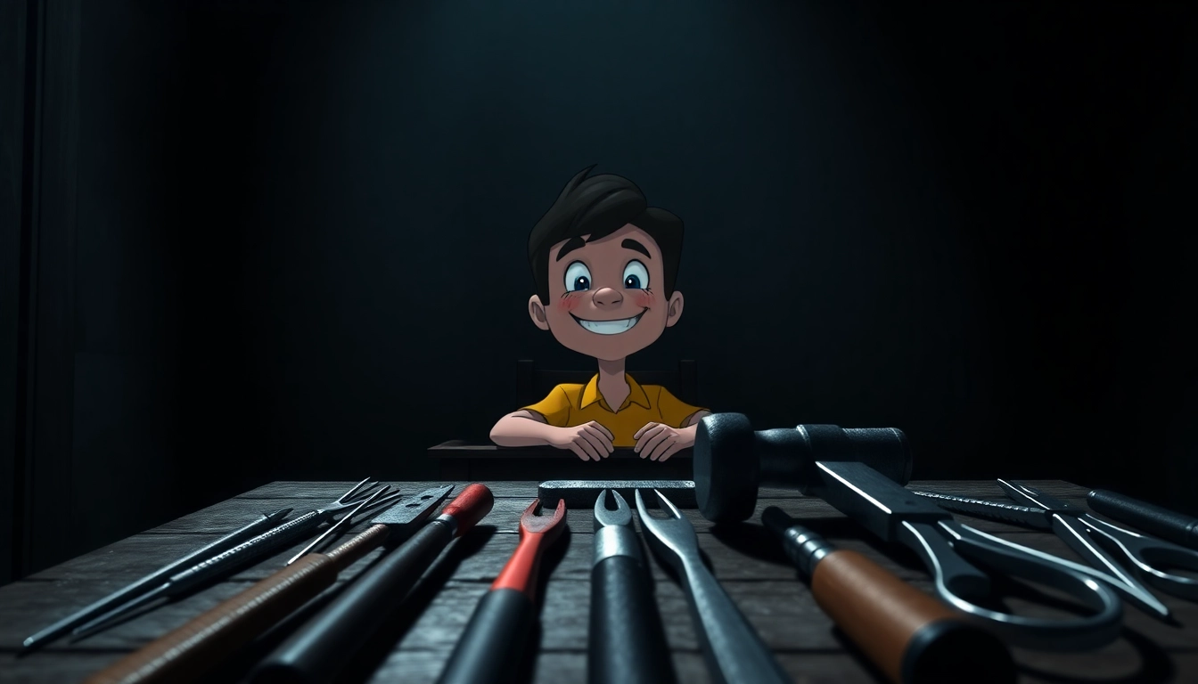 A disturbing scene of Harvey, a cheerful character, suffering amid violent tools in a dark room, highlighting psychological horror.