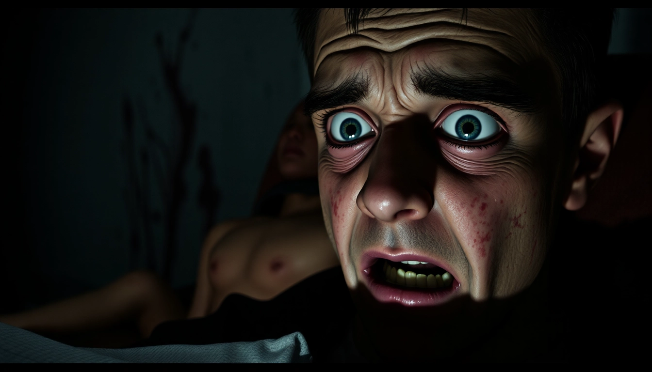 Close-up of Harvey showing fear and pain in a dark, unsettling environment.