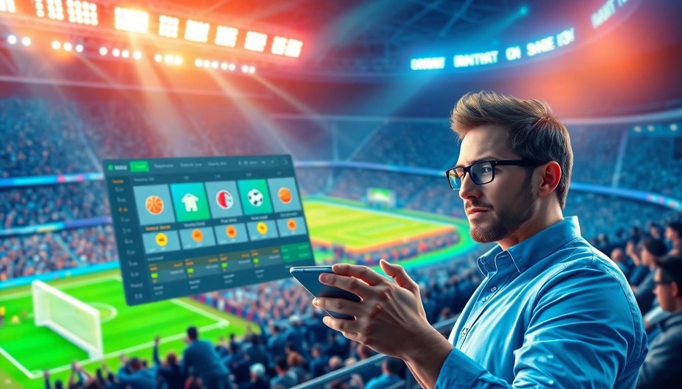 Digital illustration of an online sports betting platform with live sports and betting elements, vibrant and energetic scene.