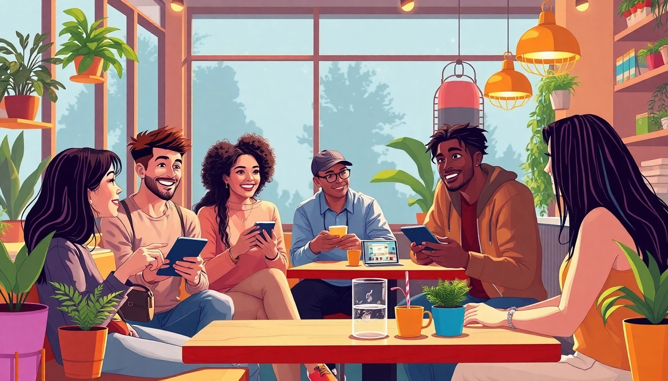 Group of young adults chatting in a cozy coffee shop with warm lighting and vibrant decor.