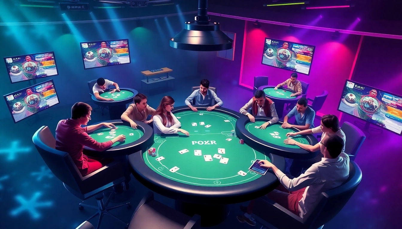 A captivating scene illustrating Pokerbros clubs with players engaging in fast-paced, multi-table poker action on a sleek digital platform, highlighting community and skill levels.
