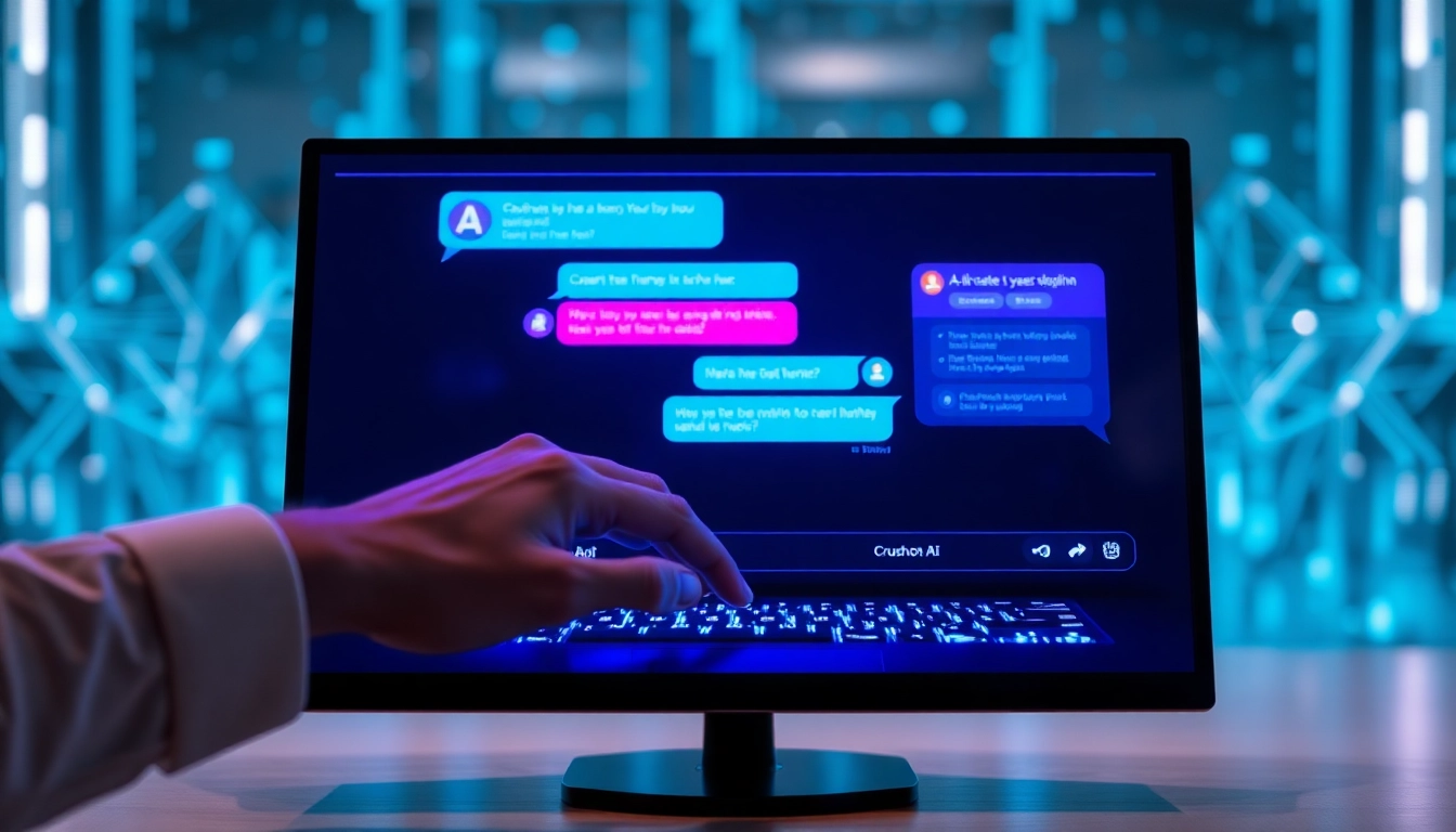 An illustration of a modern computer screen displaying a vibrant chat interface with glowing text bubbles, set in a futuristic, tech-inspired environment.