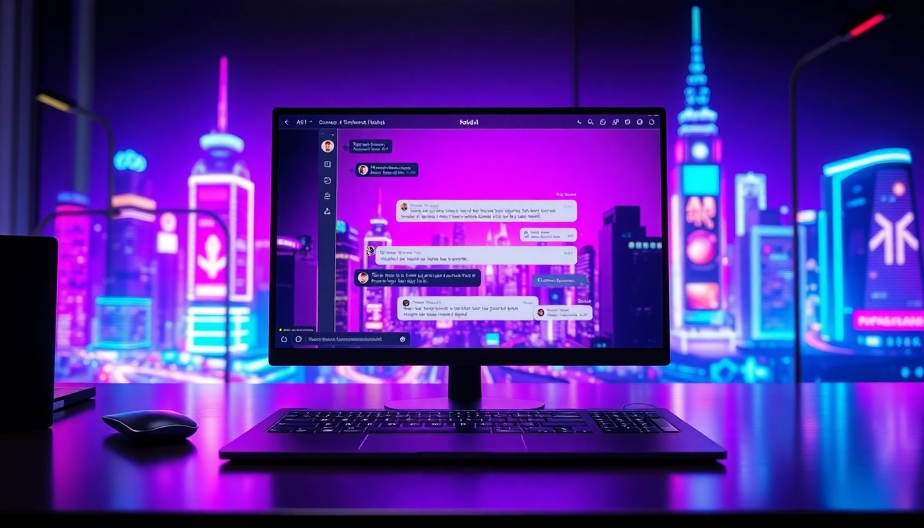 A digital chat interface on a neon-lit cityscape background, showcasing AI conversation features.