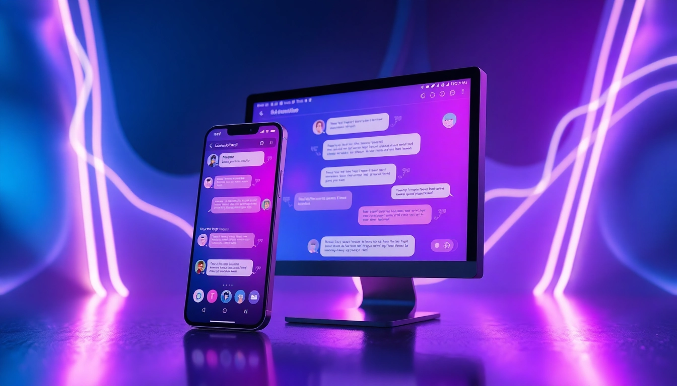 An illustration of a smartphone and computer screen displaying chat interfaces with glowing AI conversation visuals in a futuristic setting.