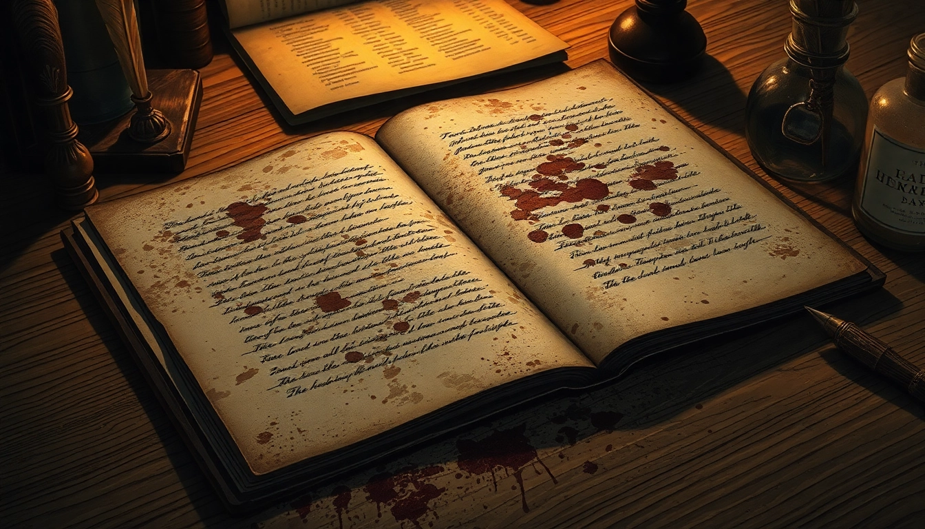 An antique manuscript with dirt and stains on aged paper, illuminated by warm dim light, with quill pens in the background.