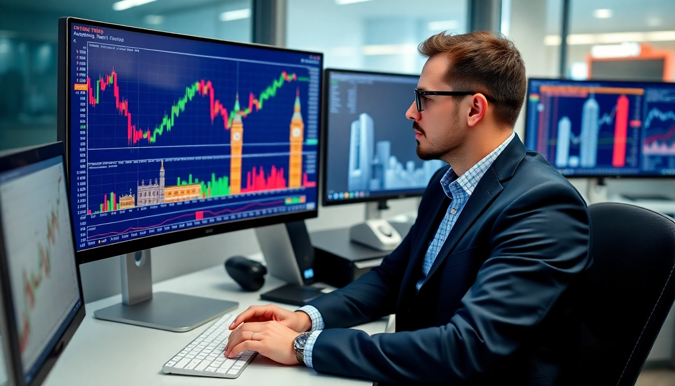 Online Trading UK Trader analyzing digital charts on screen with UK cityscape background for
